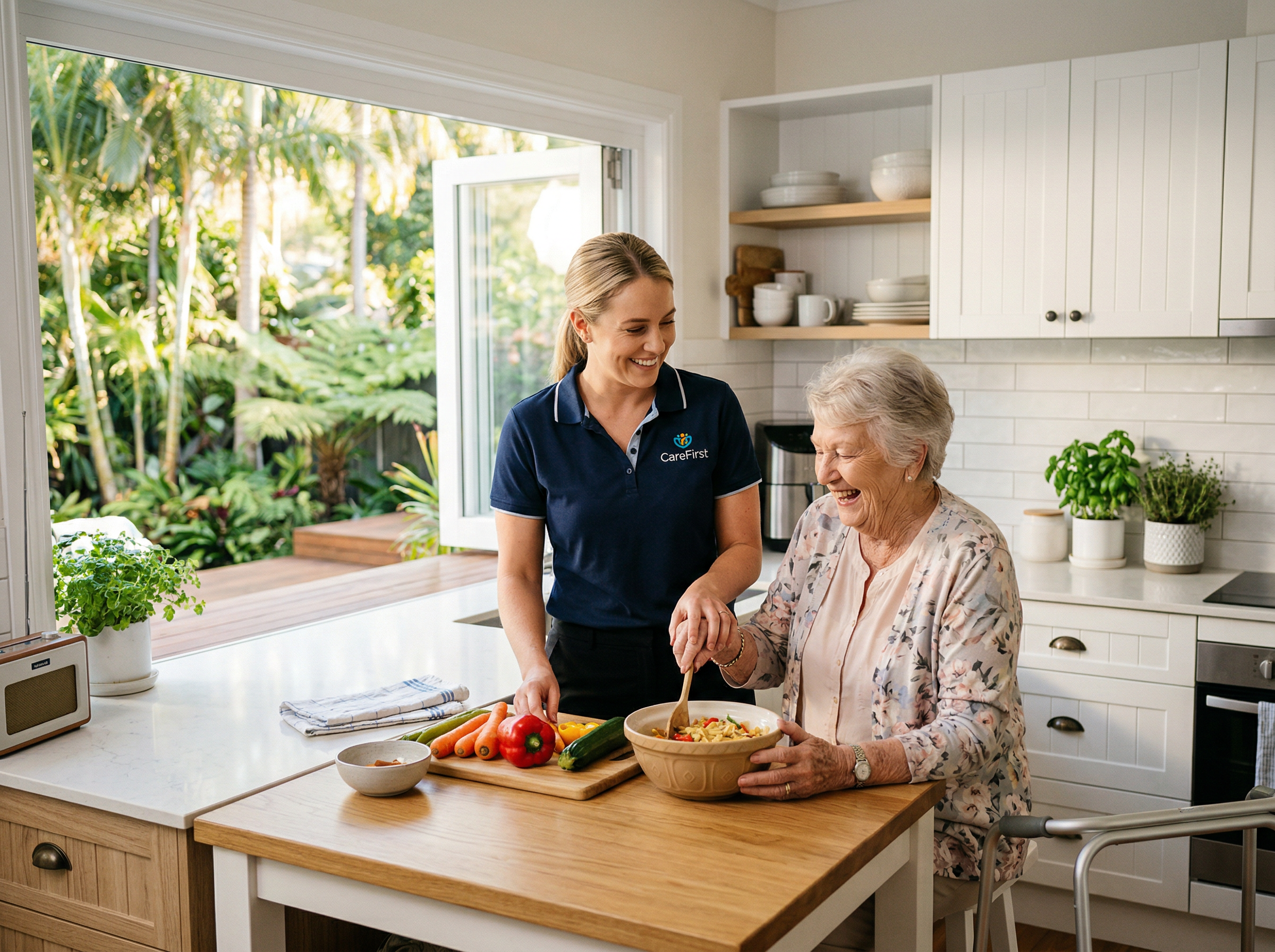 Support worker and elderly woman preparing a meal together in a bright Queensland kitchen