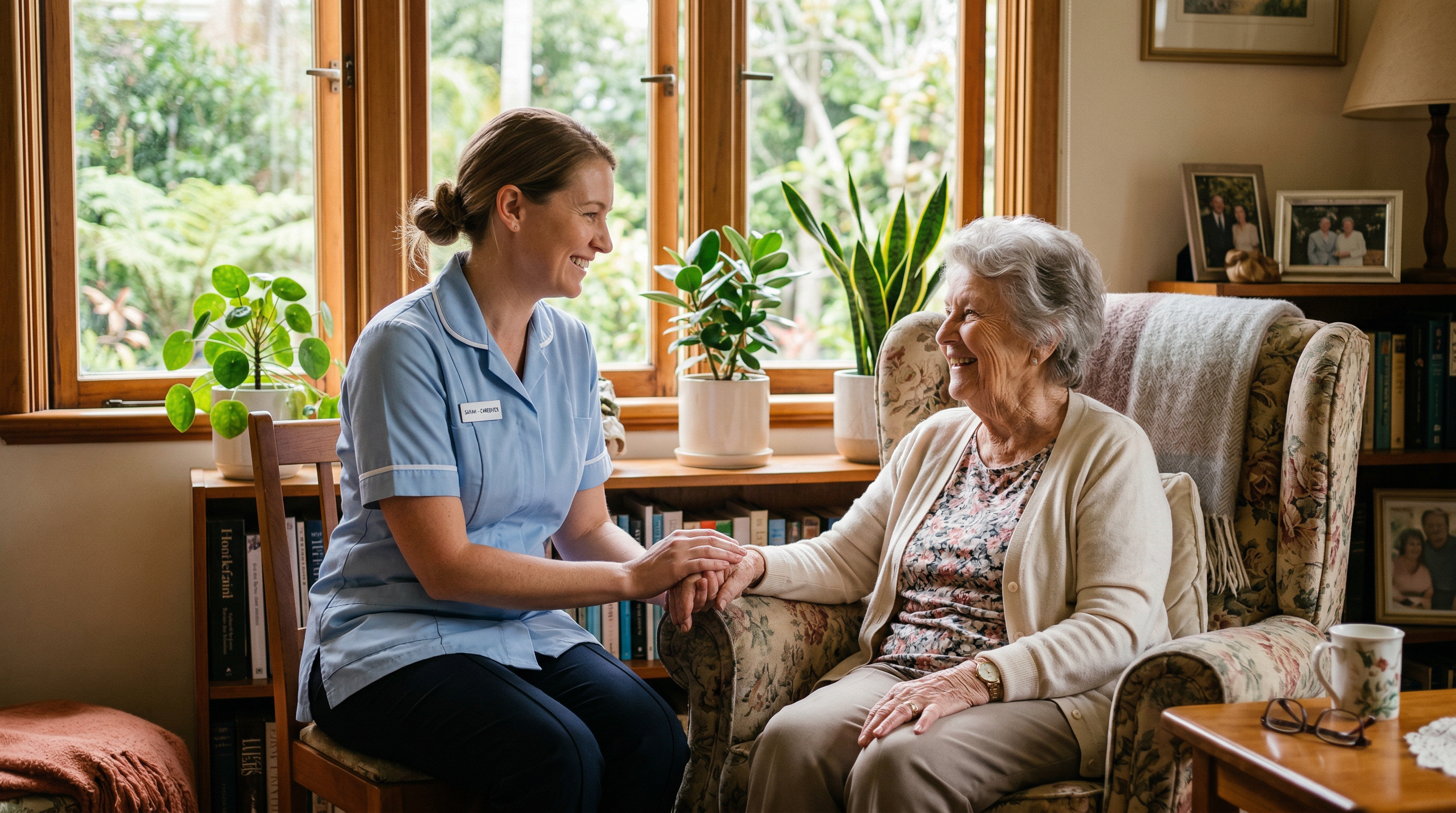 A Grand Support carer sitting with a smiling elderly woman in her comfortable Queensland home