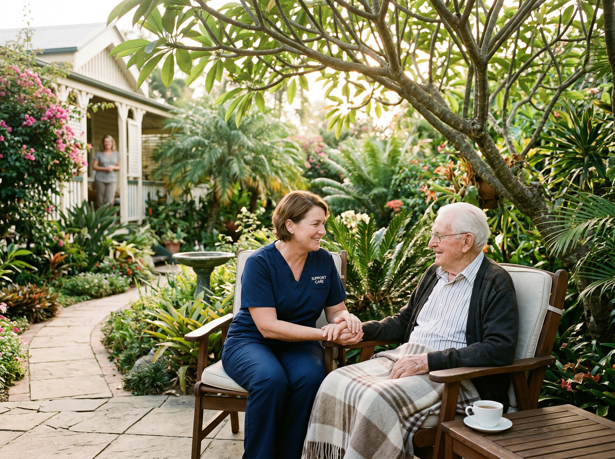 Carer sitting peacefully with an elderly man in a sunlit Queensland garden